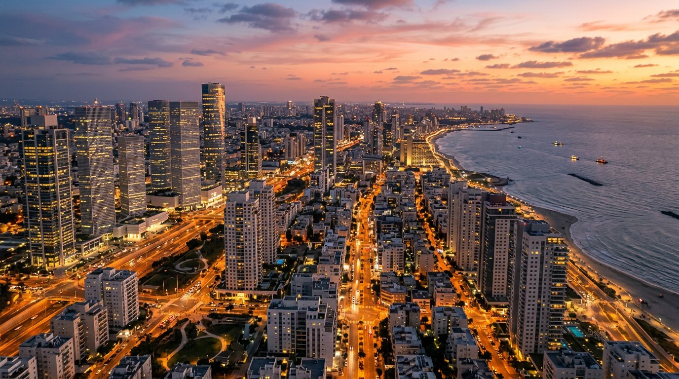קו הרקיע של תל אביב והמרכז בשעת בין הערביים